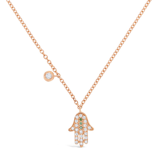 Diamond & 18k Gold Hamsa Necklace 18k Pink Gold, White & Forest Green Diamonds