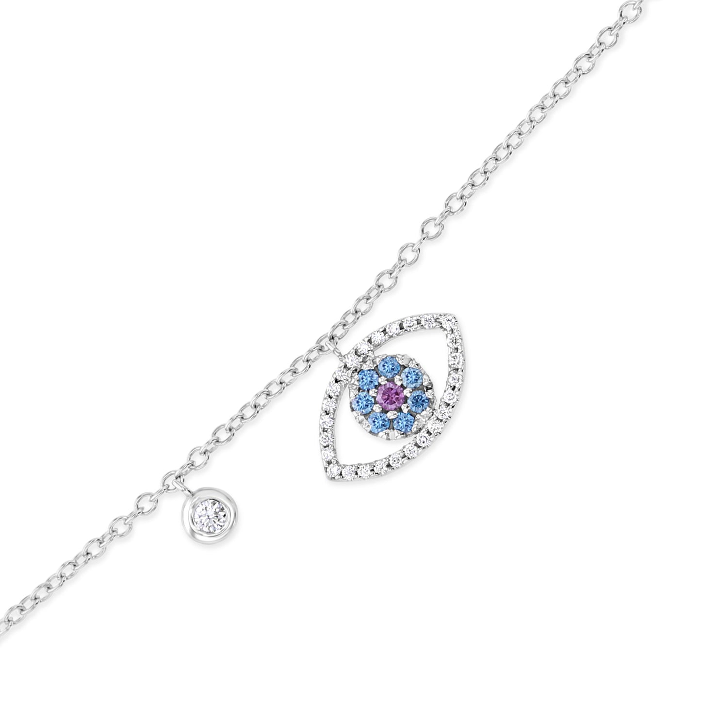 Diamond & 18k Gold Evil Eye Necklace 18k White Gold, White, Sky Blue & Pink Diamonds Made in Italy