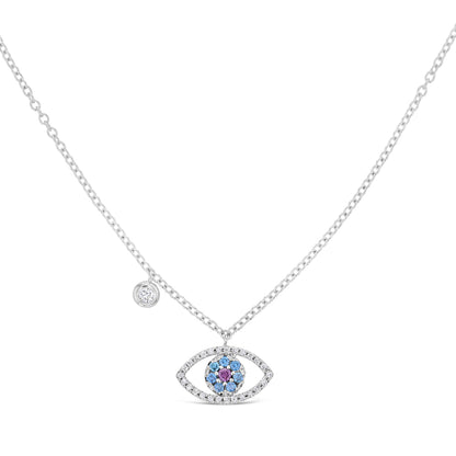 Diamond & 18k Gold Evil Eye Necklace 18k White Gold, White, Sky Blue & Pink Diamonds Made in Italy