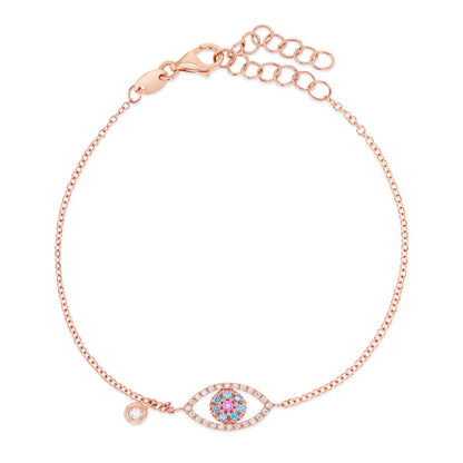 Diamond & 18k Gold Evil Eye Bracelet 18k Pink Gold, White, Ocean Blue & Pink Diamonds