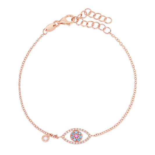 Diamond & 18k Gold Evil Eye Bracelet 18k Pink Gold, White, Ocean Blue & Pink Diamonds