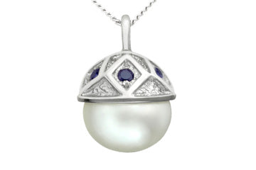 14K White Gold Button Pearl & Blue Sapphire Pendant With Chain