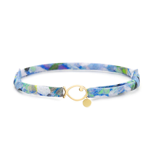 Gold Bracelet Made of Patterned Fabric & Element in The Shape of a Fish 18k Gold